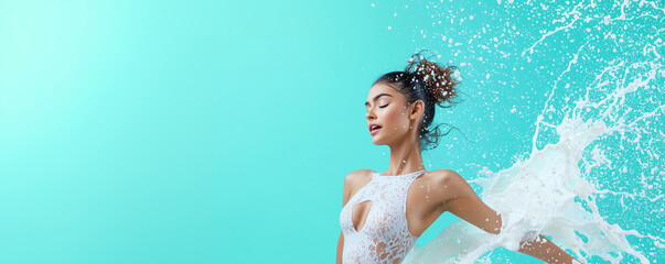 Aufkleber - woman in graceful pose with milk splash accentuating her movement