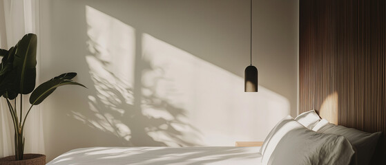Poster - cozy bedroom interior with minimalist design, featuring bed, pendant light, and plant casting shadows on wall