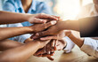 © peopleimages.com - Business people, hands together and unity for solidarity, partnership and agreement or office collaboration. Group, employee or workers hand pile in team building, motivation or meeting for support