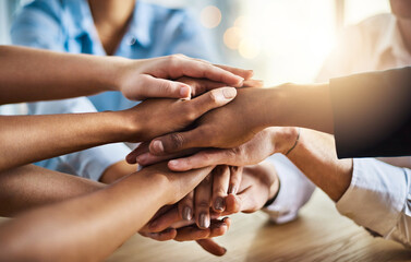 Aufkleber - Business people, hands together and unity for solidarity, partnership and agreement or office collaboration. Group, employee or workers hand pile in team building, motivation or meeting for support
