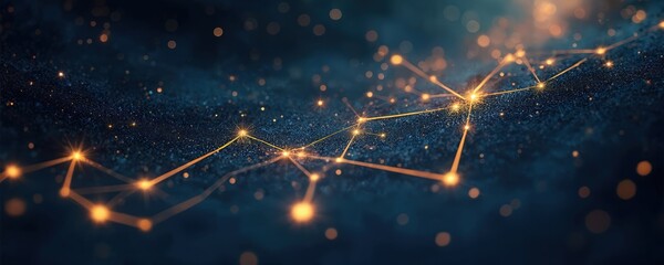 Wall Mural - dark blue background with gold constellation lines, stars. connected dots, golden stardust. abstract