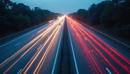 Fototapete - Cars drive on highway at night with digital binary overlay. Motion blur light trails indicate speed, technology. Data flow, modern transport infrastructure, dynamic urban nightscape. Futuristic