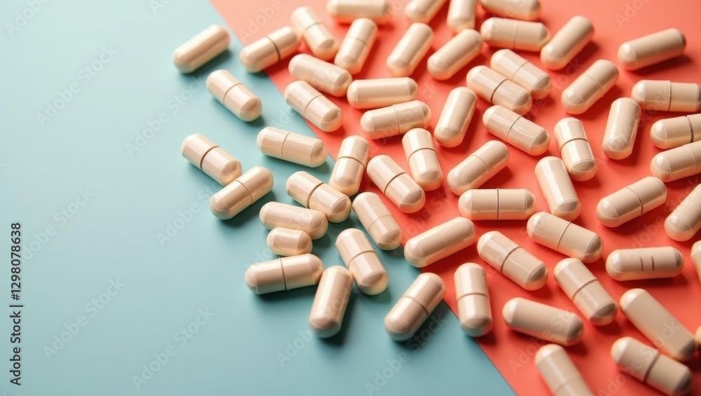 Calcium Supplement. Pink and white capsules scattered on blue surface ...