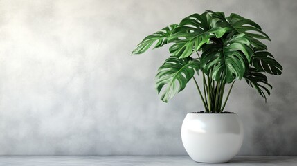 Poster - Lush green plant in white pot against gray wall.