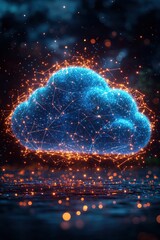 Wall Mural - glowing blue data network cloud with connections and sparkling light effects