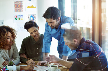 Poster - Collaboration, design or planning and business people in office with tablet for software development. Creative, strategy and tech company with employee group in workplace for discussion or meeting