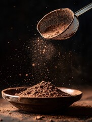 Poster - Cocoa powder being sifted into a bowl in a dimly lit kitchen for baking delicious treats. Generative AI