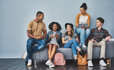 Aufkleber - Online, smartphone and group with tech, studio and smile for communication on break, relax or tablet. Happy, Gen z and people with social media, digital and friends with app for texting and internet