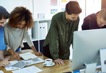 Leinwandbilder - Computer, design and documents with business people in office for collaboration or decision. Advertising agency, productivity and teamwork with creative employee group at work for project management
