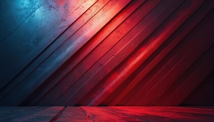 Poster - Abstract background with red and blue gradient, geometric diagonal wood panels. Light and shadow interplay creates a textured look. Modern design, vivid colours background and wallpaper.