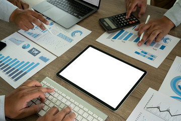 Wall Mural - business meeting, financial digital tablet computer close up man using tablet hands man multitasking