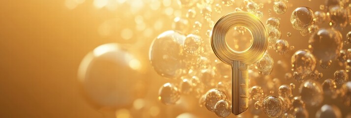 Aufkleber - Golden key surrounded by bubbles in a bright background at sunset showcasing a unique artistic vision. Generative AI