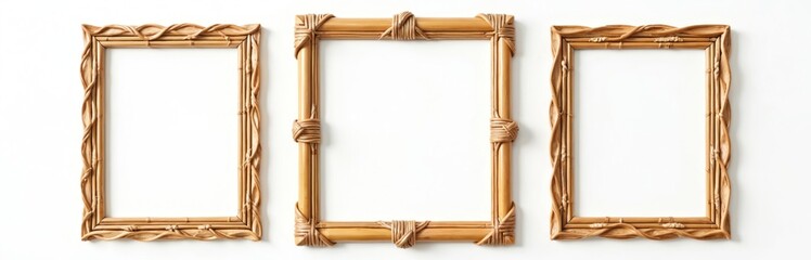 Poster - Three empty bamboo picture frames with various designs isolated on white background. Natural eco home decor accessories set. Rustic craft frames border, hand-made wall art. Add photos artwork into