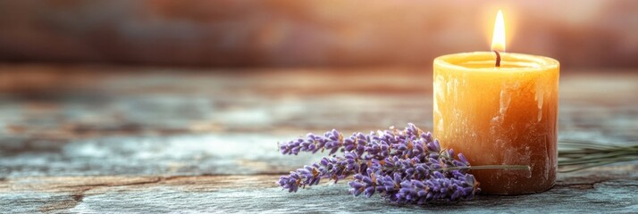 Poster - Relaxing ambiance created by a burning candle alongside fresh lavender on a rustic wooden surface. Generative AI