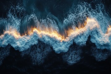 Wall Mural - Aerial view of crashing ocean waves at sunset, showcasing vibrant colors and dynamic movement