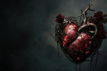 Aufkleber - Artistic representation of a heart entwined with thorns and roses in a dark, atmospheric setting at twilight. Generative AI