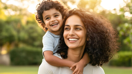 happy indian mother with her son having fun outdoors. family, love, and bonding concept