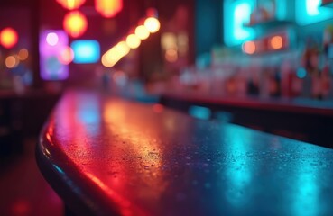 Aufkleber - Abstract bar counter in night club with colorful lights. Wet table surface reflects neon illumination. Empty pub, disco interior design in blurred bokeh background for party celebration.