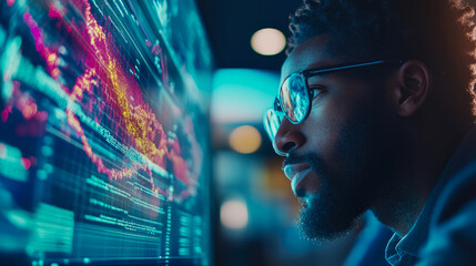 Data Analysis: A programmer reviews complex code,  financial graph, or a cybersecurity threat matrix on a glowing display