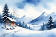 © haiqiang - painting of a cabin in the snow with a mountain in the background