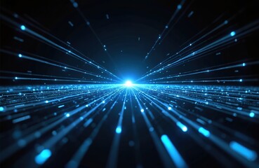 Leinwandbilder - Abstract blue light lines converge towards bright center on black background. Digital, modern, futuristic design element for tech, communication, data transfer, innovation concepts, visual effects,