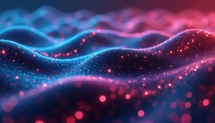 Poster - Blue, pink neon wave pattern with dotted lights. Network tech concept. Digital glow, futuristic cybernetic background. Vibrant dynamic flow with colourful waveform dots, signal transmission for