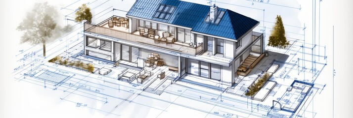 Wall Mural - vision of architecture of a 3d model house project with blueprint
