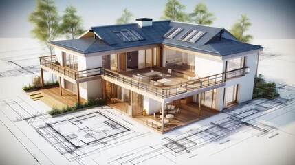 Wall Mural - vision of architecture of a 3d model house project with blueprint
