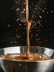 Poster - Chocolate sauce pours into a metallic bowl creating splashes during a cooking process. Generative AI