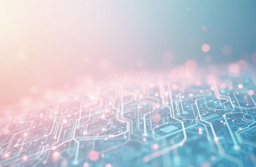 Fototapete - Abstract background shows roadmap in pastel pink, blue tones. Electronic circuit board lines connect in cyberspace. Conceptual chips, circuits texture present hi-tech, engineering integration for AI