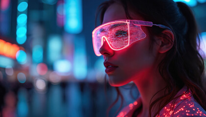 Aufkleber - Side view of woman in futuristic VR glasses immersed in digital technology at night event. Integration of human, artificial intelligence. Modern tech innovation, virtual cyberspace concept. Neon