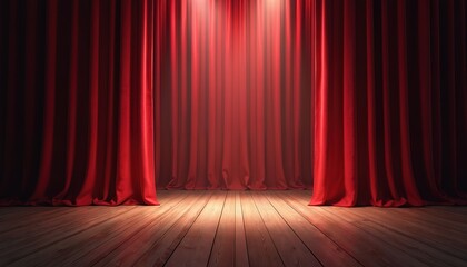 Aufkleber - Opening red stage curtains with spotlight on wood floor. Classic theatre, opera backdrop. Velvet drapes, entertainment show, concert, presentation background, classic dramatic art, Hollywood