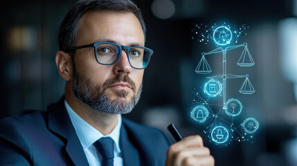 Poster - businessman in suit and glasses holds futuristic digital interface displaying legal symbols, representing technology in law