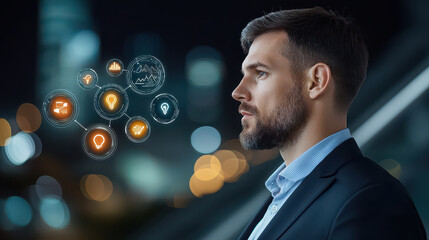 Aufkleber - businessman in suit stands on staircase, contemplating digital icons representing innovation and technology against cityscape background