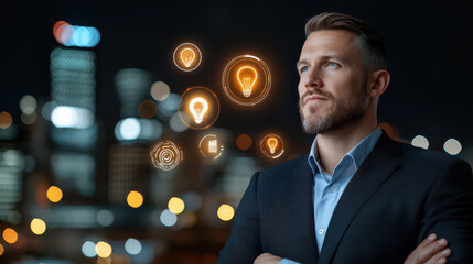 Aufkleber - confident businessman in suit stands against cityscape at night, surrounded by glowing icons representing innovation and technology