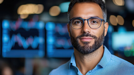 Poster - confident trader in smart casual outfit stands in front of digital stock charts, exuding focus and determination. background features blurred screens displaying financial data