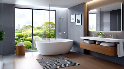Aufkleber - contemporary open concept bathroom with sophisticated design features freestanding bathtub, large window, and modern vanity. serene view enhances luxurious ambiance