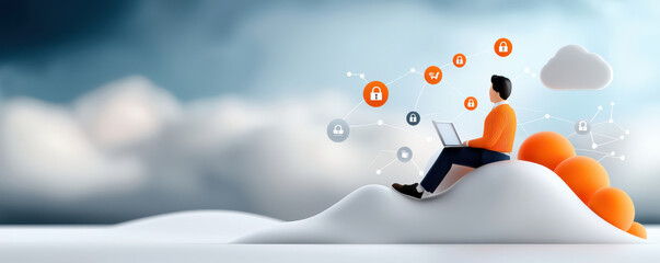 Fototapete - person sitting on cloud with laptop, surrounded by digital icons representing cybersecurity and cloud computing, illustrating modern digital world