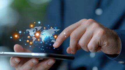 Leinwandbilder - person interacts with digital world map on smartphone, symbolizing global connectivity and technology. image highlights concept of futuristic digital business and communication