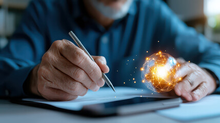 Aufkleber - person writing on paper with pen, while glowing digital globe with network connections hovers nearby, symbolizing technology and innovation