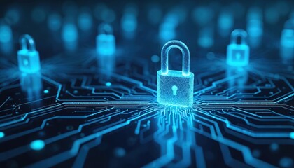 Fototapete - Endpoint security protects digital networks from threats, data breaches, unauthorized access. Lock icon on circuit board network system integrity. Advanced cyber defense strategy ensures information
