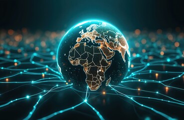 Poster - Illustration of globe surrounded by neon lines. Creative concept of tech progress, worldwide web. Artificial intelligence render of international communication, global business, finance in cyberspace.
