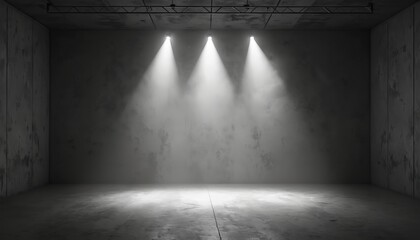 Aufkleber - Three spotlights shine on center of empty grunge room. Concrete floor and walls with cinematic light enhance the industrial feel. Black and white color palette creates modern abstract studio stage.