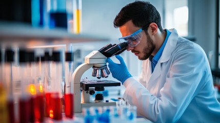 Wall Mural - scientist examines samples under a microscope in a laboratory. wearing safety glasses and lab coat.