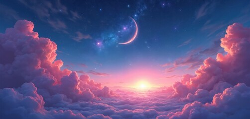 Poster - Dreamy cosmic landscape with colorful night sky. Moon crescent above clouds. Abstract skyline at dusk. Magical dreamy universe, fantasy scene. Scenic moonlight. Heaven at dawn, sun rising over