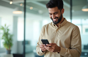 young hispanic man stands inside office browsing online pages, using phone applications. smiling emp