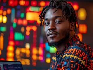 man coding, colorful background, night