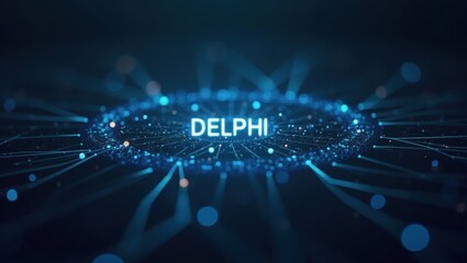 Delphi Ai. Futuristic blue digital network glowing with Delphi text, technology concept for software development, programming, innovation, and IT background with abstract bokeh lights effect