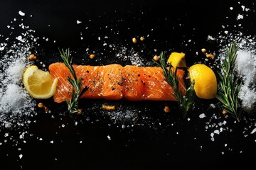 Fresh salmon fillet, lemon, rosemary, salt. Food photography, recipe