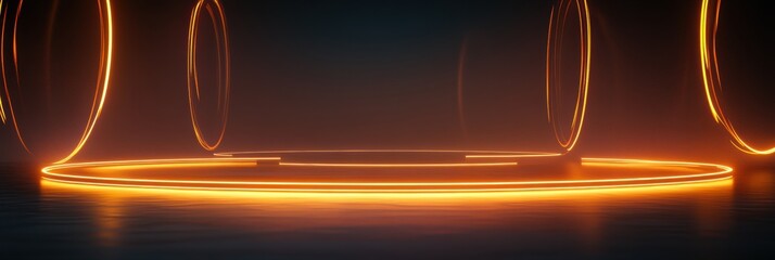 Poster - Futuristic stage design with glowing circles and illuminated platforms in a dark setting at nighttime. Generative AI